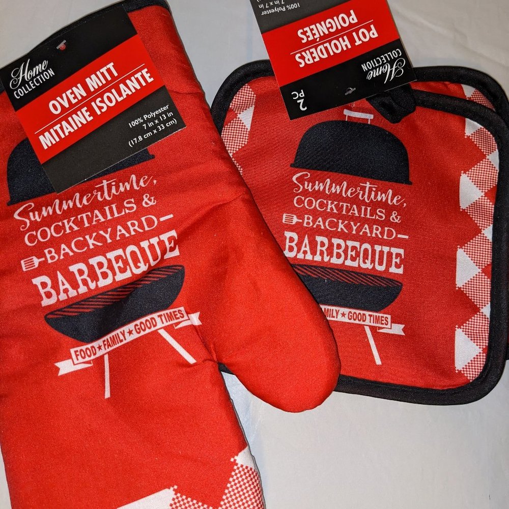 3PC Set Kitchen Oven Mitt & 2 Pot Holders - Summertime Cocktails & Backyard BBQ
